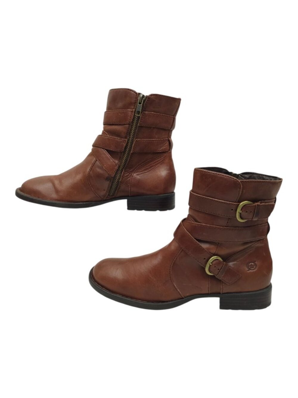 Born Ankle Boots 7.5 Strappy Multi Buckle Side Zip Brown Leather Booties Moto